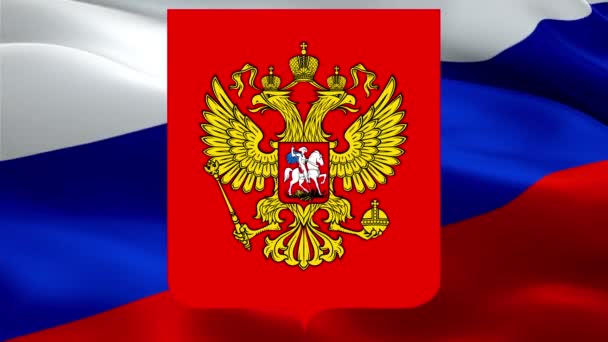 Σημαία Της Ρωσικής Ομοσπονδίας Παλτό Των Όπλων Κυματίζει Στο Βίντεο — Αρχείο Βίντεο