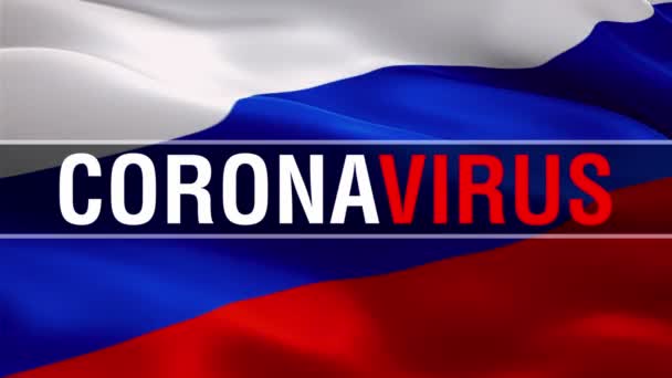 Texto Del Virus Corona Bandera Federación Rusa Escudo Armas Ondeando — Vídeo de stock