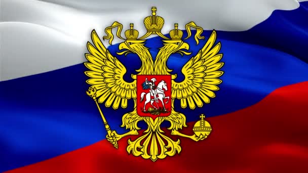 ロシアの紋章 ロシアンイーグル国立シンボル ロシアのワシ ロシアの旗とクレムリンのサイン 政治概念 ロシアの日 勝利の日のためのロシアの旗9 祖国の日の擁護者 — ストック動画