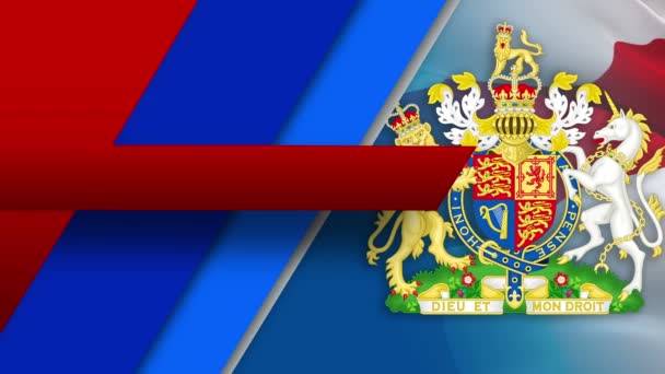 イギリスの紋章を背景にイギリス国旗が描かれている 英国の王室のコートテレビニュース放送や速報ニュースのための英国の腕 イギリス国旗 2020年5月1日ロンドン — ストック動画