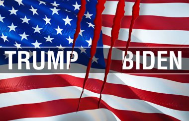 Trump ve Biden tartışması 2020 ve başkanlık seçimleri rüzgarda dalgalanıyor. Başkanlık seçimlerine oy verin. Beyaz Saray bayrağı arka planı, 3D görüntüleme. ABD Seçimleri Bayrağı - Washington, 4 Temmuz 202