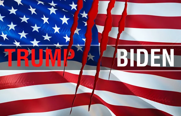 Donald Trump and Joe Biden for president elections 2020 on USA waving flag. Keep America Great! United States 3d White House flag waving, 3D rendering.White House election -Washington,4 July 202