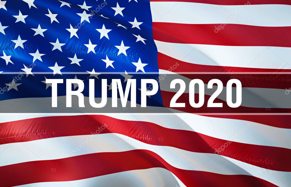 Trump 2020 reelection flag for midterm United States president USA and White House flag waving wind. Realistic White House president elections Flag background, 3D rendering - Washington, 4 July 202