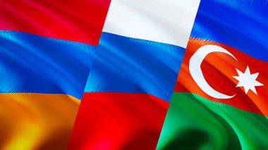 Ermenistan, Azerbaycan ve Rusya yara izi kavramına sahip. Dalgalanan bayrak, 3 boyutlu görüntüleme. Ermenistan Azerbaycan Rusya çatışma konsepti. Ermenistan Azerbaycan ilişkileri kavramı. Ermenistan ve Azerbaycan bayrağı