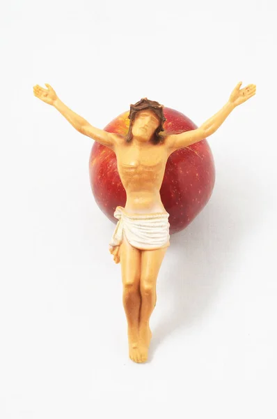 Bibel Evas Sünde Roter Apfel Vor Farbigem Hintergrund — Stockfoto