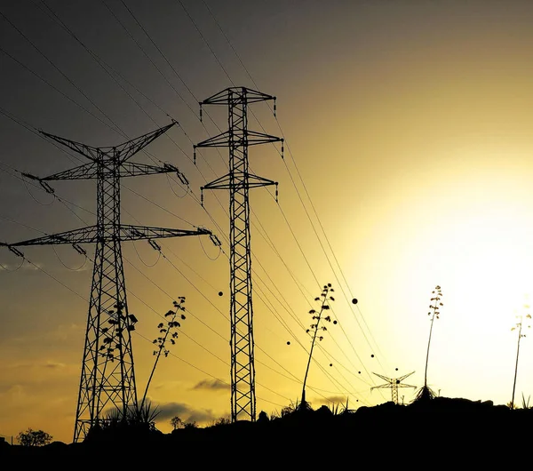Linha Energia Elétrica Pylon Sobre Pôr Sol Colorido — Fotografia de Stock
