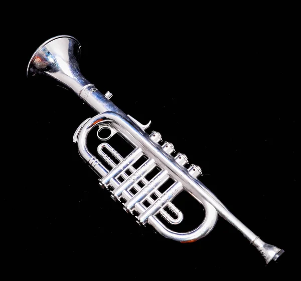 Silver Vintage Toy Trumpet Black Background — Stock Photo, Image