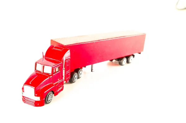 Närbild Röd Leksak Lastbil Objekt Vit Bakgrund Röd Leksak Lastbil — Stockfoto