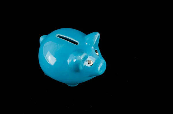 Blue Piggy Bank Money Box Isolated Black Studio Background — Stock Photo, Image