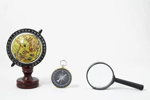 Vintage Tools Globe Compass Loupe White Background — Stock Photo, Image