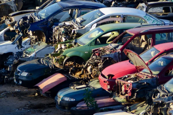 Scrap Yard With Pile Of Crushed Cars in tenerife canary islands spain