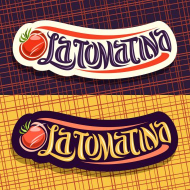 Vector logos for Tomatina festival, 2 labels with throwing tomato vegetables for fun madness spanish fest in Bunol, original brush typeface for words la tomatina, signboards for biggest tomato fight. clipart