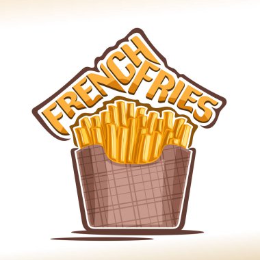 Kahverengi paketinde, özgün yazı sağlıksız yemek fast food restoran menü için izole çizimi için kelime Fransızca fries, poster kızarmış gevrek patates patates kızartması için vektör logo, sopa.