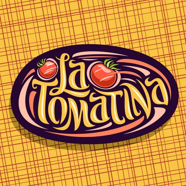 Logo Vektor Untuk Festival Tomatina Tanda Oval Biru Dengan Melemparkan - Stok Vektor
