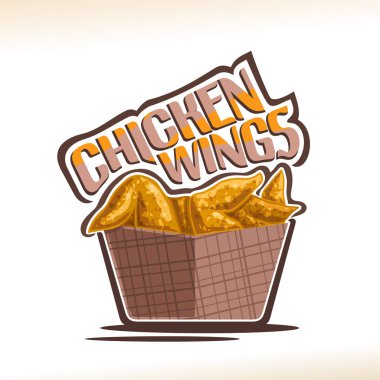 Tavuk kanadı için vektör logo, poster gevrek kentucky ile kızarmış tavuk kahverengi karton kutu, kelime tavuk kanadı için orijinal yazı, beyaz Amerikan fastfood Cafe menü için etikette çizimi.