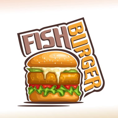 Poster topuz susam, patty ve hamburger, kelime balık burger için orijinal yazı, illüstrasyon fast food Cafe menü için marul yaprakları ile sebze balık Burger için vektör logo.