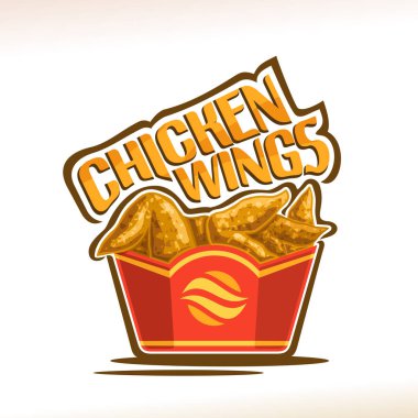 Tavuk kanadı için vektör logo, poster gevrek kentucky ile kızarmış tavuk kırmızı karton kutu, kelime tavuk kanadı için orijinal yazı, resimde beyaz Amerikan fastfood Cafe menü için etiketinde.