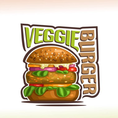Veggie Burger için vektör logosuna poster topuz quinoa tohumları, fasulye patty ile sebze yaprak ıspanak hamburger, kelime veggie burger için orijinal yazı, Gösterim amacıyla lokanta kafeterya.