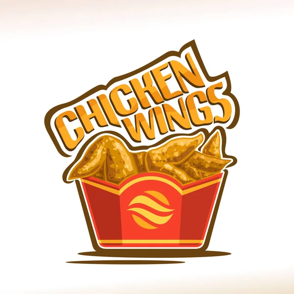 Tavuk kanadı için vektör logo, poster gevrek kentucky ile kızarmış tavuk kırmızı karton kutu, kelime tavuk kanadı için orijinal yazı, resimde beyaz Amerikan fastfood Cafe menü için etiketinde.