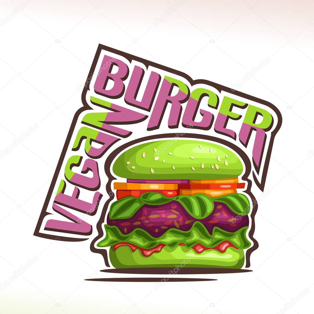Vector logo for Vegan Burger, on poster green bun with sesame seeds, veg beet patty and leaves of spinach in hamburger, original typeface for words vegan burger, illustration for fast food cafe menu.