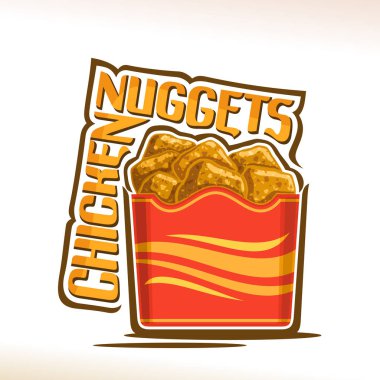 Çıtır tavuk Nuggets, yağlı kızarmış tavuk adet kırmızı karton cep, kelime tavuk nuggets için orijinal yazı, Amerikan fastfood Cafe menü için etiket resmi posteri için vektör logo.
