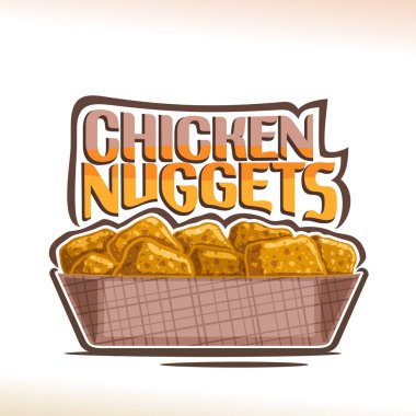 Çıtır tavuk Nuggets, kızarmış tavuk parçaları karton tabak, kelime tavuk nuggets için orijinal yazı, Amerikan fastfood Cafe menü etiketini gösteren resim yığını ile poster için vektör logo.