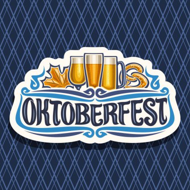Oktoberfest için vektör logosu, kağıt işareti ile akçaağaç yaprağı ve çubuk kraker, alkollü içecekler ile cam kesme, word için özgün yazı tipi ile bira festivali için etiket oktoberfest elmas arka plan üzerinde.