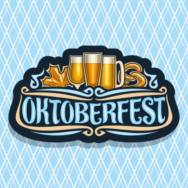Oktoberfest için vektör logo, akçaağaç yaprağı ve çubuk kraker, cam ürünleri ile alkollü içecekler, Alman bira festivali için etiket için özgün yazı tipi ile karanlık işaretiyle oktoberfest elmas arka plan üzerinde kelime