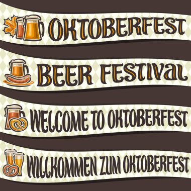 Oktoberfest Tema sözcükler için özgün yazı tipi ile bira festivali için vektör set şerit Oktoberfest, akçaağaç yaprağı ve sosis, cam ürünleri ile alkollü içecekler, 4 eğri afiş için etiketleri