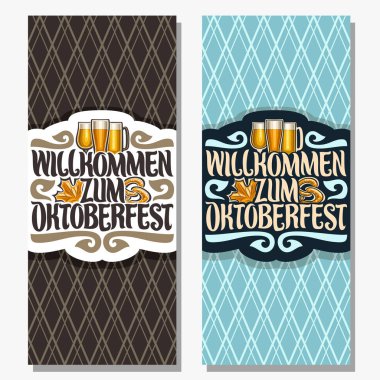 Vektör kopya alanı, akçaağaç yaprağı ve çubuk kraker, cam ürünleri ile alkollü içecekler, Oktoberfest için dikey afiş kelime willkommen zum için özgün yazı tipi ile bira Festivali'ne davet oktoberfest.