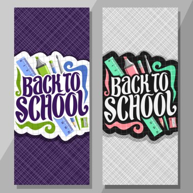 Vektör dikey afiş Okulu, aksesuarlar, yazı kümesini düzenleri için sözler için özgün yazı tipi geri okul, üniversite ders sınıf için damalı arka plan renkli ileti örneği.