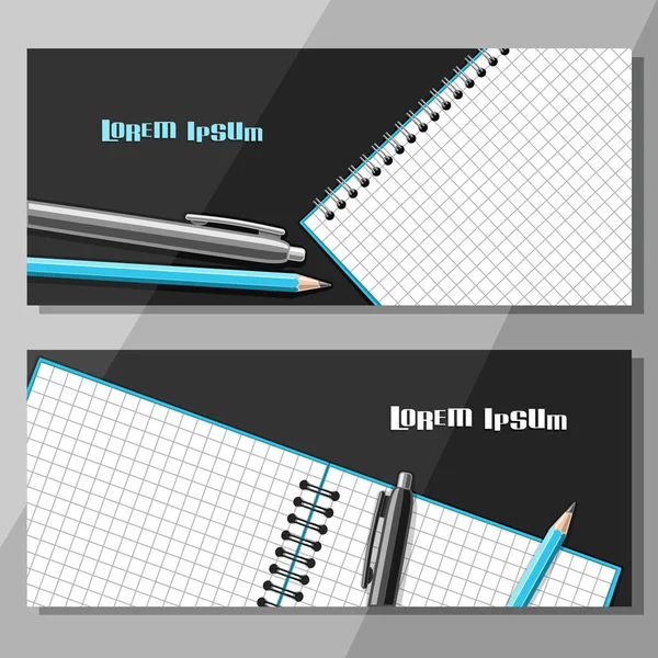 Vector Horizontal Banners Writing Accessories Layouts Blank Checkered Note Book — Stock Vector