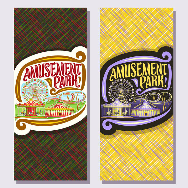 Vector vertical banners for Amusement Park with copy space, cartoon ferris wheel, roller coaster, merry go round carrousel with horses, circus big top, original brush typeface for words amusement park