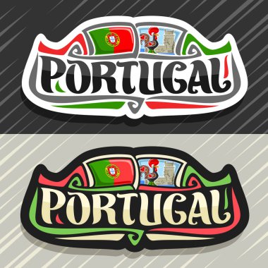 Portekiz ülke, mıknatıs buzdolabı Portekizli bayrak, word Portekiz ve Portekizce simgeler - orijinal fırça yazı için vektör logo halk horoz galo de barcelos ve torre de belem Kulesi.