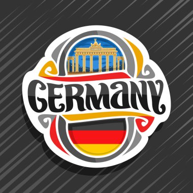 Almanya ülke, Alman bayrağı ile buzdolabı mıknatıs, kelime Almanya ve Alman ulusal sembol - orijinal fırça yazı için vektör logo Brandenburg Kapısı Berlin'de bulutlu gökyüzü arka plan akşam mavi.