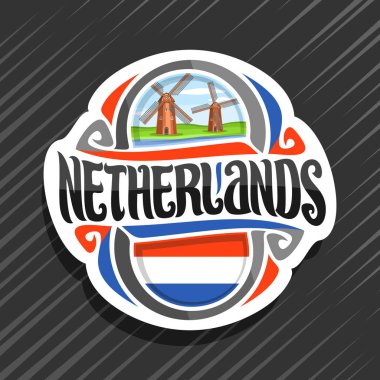 Hollanda ülke için vektör logo, Hollanda bayrağı, orijinal fırça yazı Word Hollanda ve Hollanda sembol - mavi bulutlu gökyüzü arka plan üzerinde Zaan sahil nehrinde eski yel değirmenleri ile buzdolabı mıknatıs.