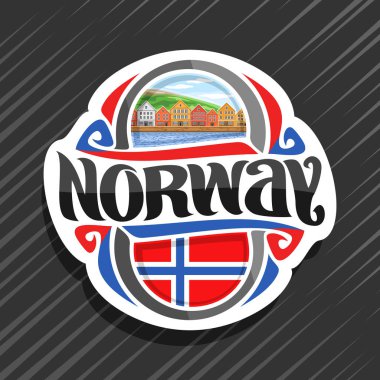 Norveç ülke, buzdolabı mıknatıs Norveç bayrağı amblemi vektör orijinal fırça yazı word Norveç ve Norveç ulusal sembol - eski mavi bulutlu gökyüzü arka plan üzerinde Fiyordu kıyısında evler.