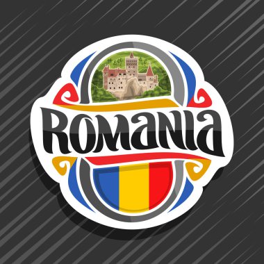 Romanya ülke, Romanya Devlet bayrağı, word Romanya ve ulusal Romanya sembol - vahşi orman arka plan üzerinde Transylvania'da Bran Şatosu için orijinal fırça yazı ile buzdolabı mıknatıs için vektör logo.