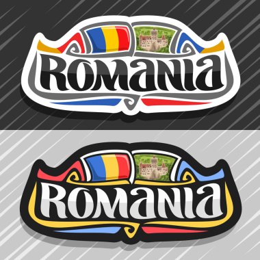 Romanya ülke, Romanya Devlet bayrağı, word Romanya ve ulusal Romanya sembol - vahşi orman arka plan üzerinde Transylvania'da Bran Şatosu için orijinal fırça yazı ile buzdolabı mıknatıs için vektör logo.