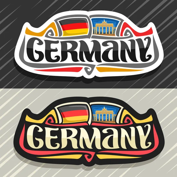 ドイツ国 ドイツの国旗と冷蔵庫マグネット 単語ドイツのドイツ国の象徴 オリジナルの筆書体のベクトルのロゴ ブランデンブルクは 青い夕方の曇り空を背景にベルリンのゲートします — ストックベクタ