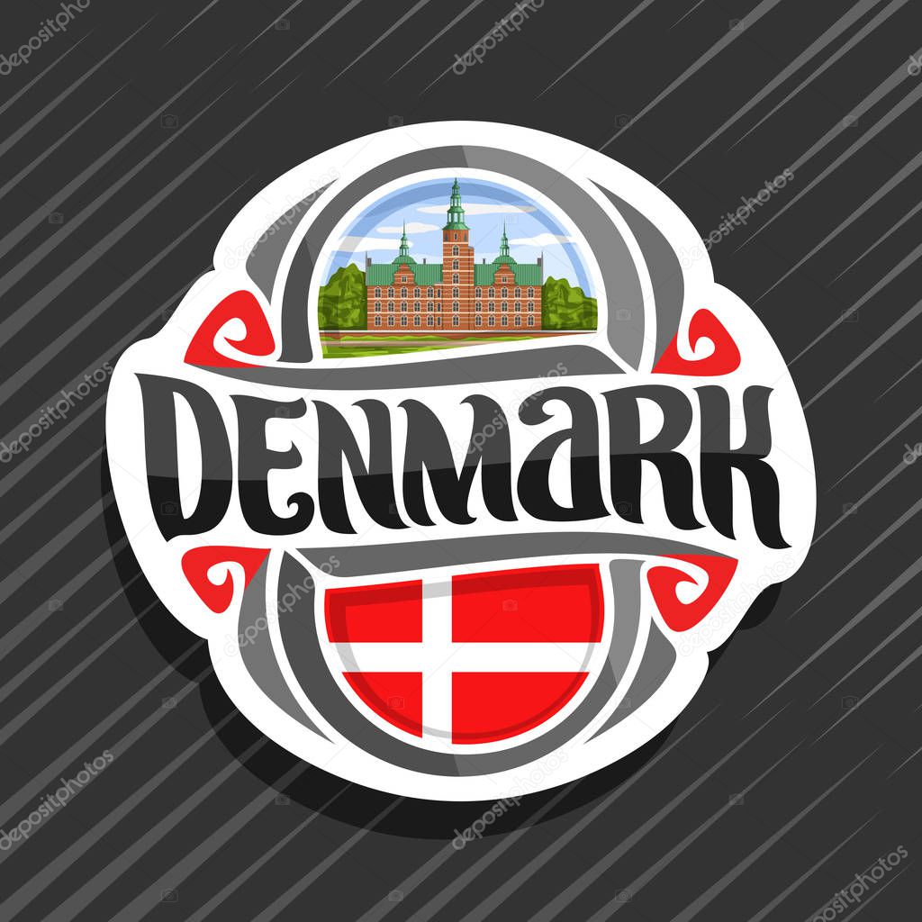 Vector logo for Denmark country, fridge magnet with danish flag, original brush typeface for word denmark and danish symbols - statue of little mermaid in Copenhagen on waves sea background.