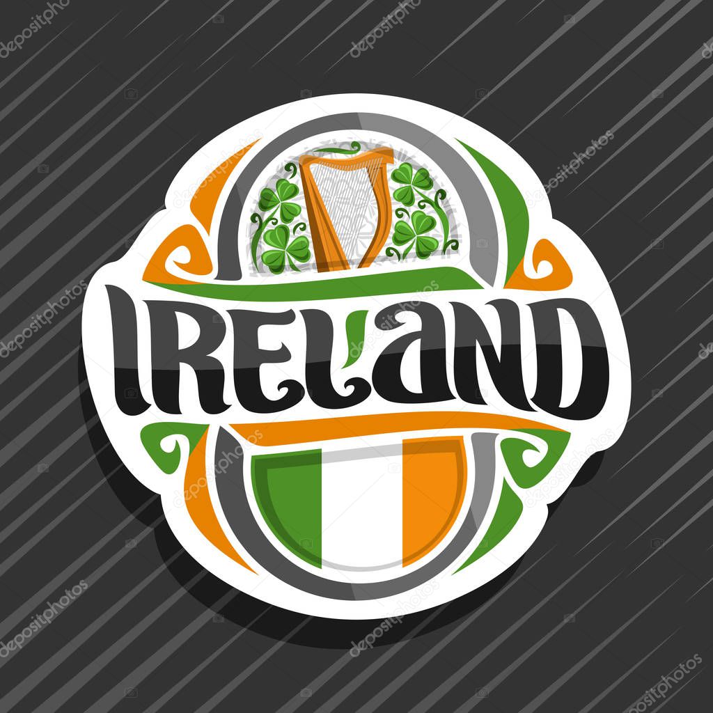 Vector logo for Ireland country, fridge magnet with irish flag, original brush typeface for word ireland and irish national symbols - music instrument harp on floral shamrock background.