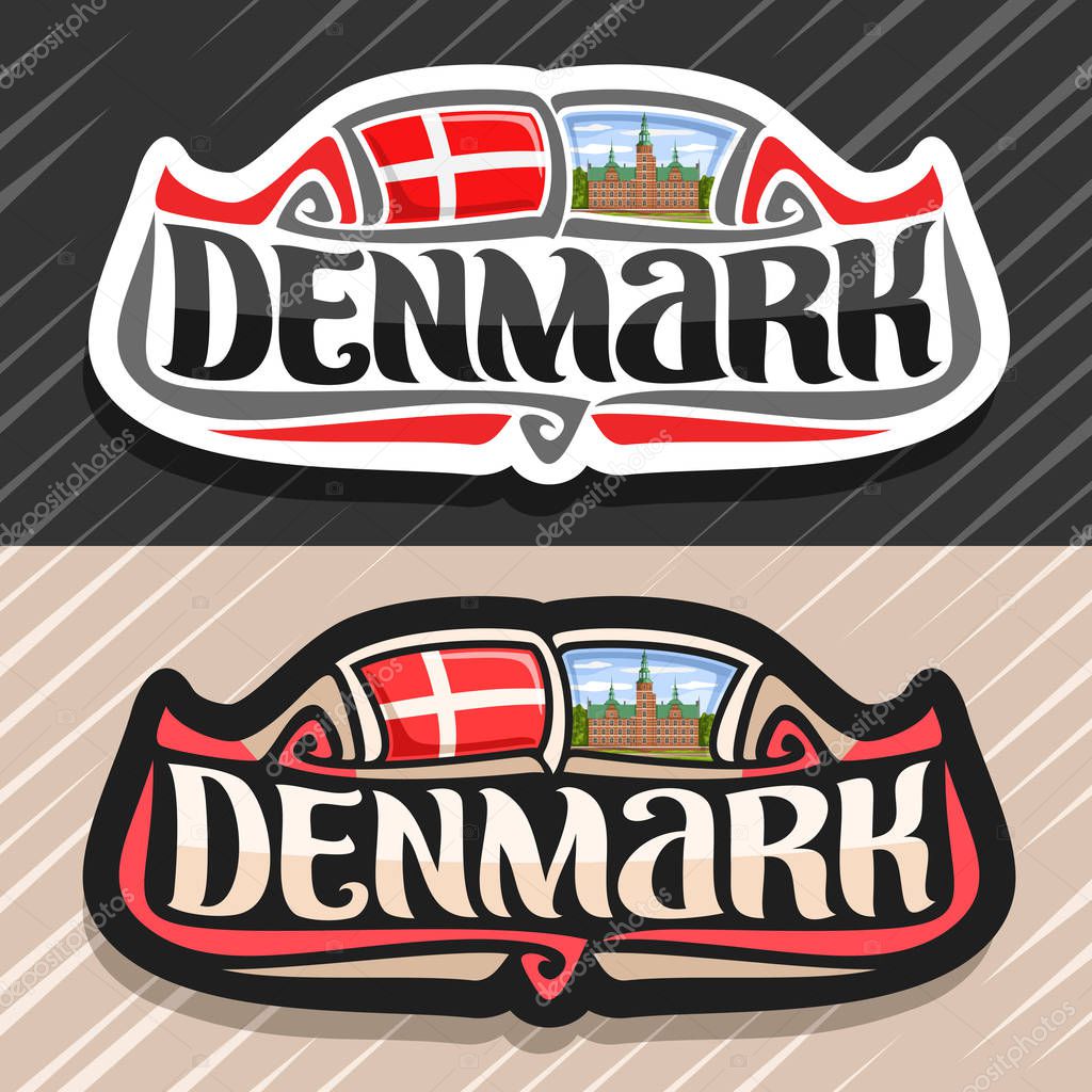 Vector logo for Denmark country, fridge magnet with danish flag, original brush typeface for word denmark and danish symbols - statue of little mermaid in Copenhagen on waves sea background.