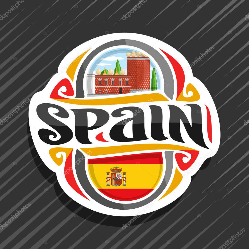 Vector logo for Spain country, fridge magnet with spanish flag, original brush typeface for word spain, spanish symbol - museum and theatre of Salvador Dali in Figueras on blue cloudy sky background.