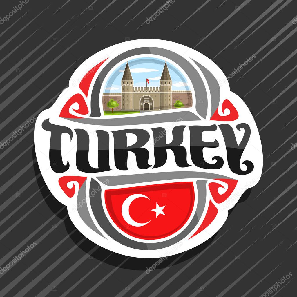 Vector logo for Turkey country, fridge magnet with turkish state flag, original brush typeface for word turkey and national turkish symbol - Topkapi palace in Istanbul on blue cloudy sky background.