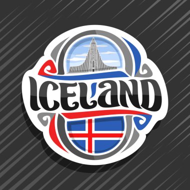 İzlanda ülke, İzlanda bayrağı, word İzlanda ve İzlanda Milli sembolü - Reykjavik tanımlıkHallgrimskirkja katedralde bulutlu gökyüzü arka plan üzerinde orijinal fırça yazı tipi ile buzdolabı mıknatıs için vektör logo