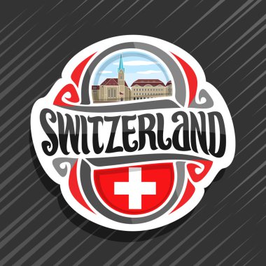 İsviçre ülke, İsviçre bayrağı, word İsviçre ve ulusal swiss sembolü - Zürih'te Fraumunster kiliseyle bulutlu gökyüzü arka plan için orijinal fırça yazı ile buzdolabı mıknatıs için vektör logo.