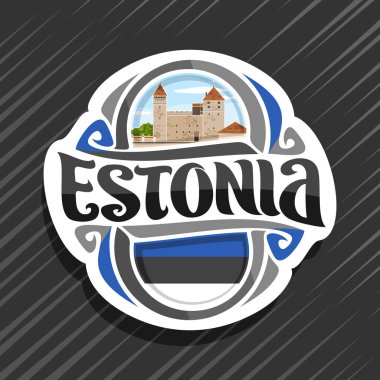 Estonya ülke, Estonya devlet bayrağı ile buzdolabı mıknatıs, word Estonya, Estonya Ulusal sembol - Kuressaare piskoposluk kale bulutlu gökyüzü arka plan üzerinde orijinal fırça yazı için vektör logo.