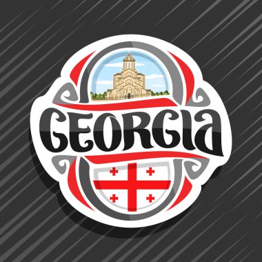 Georgia ülke için vektör logo, buzdolabı mıknatıs ile Gürcü bayrağı, orijinal fırça yazı için word georgia ve ulusal Gürcü sembol - kutsal Trinity Katedrali, Tiflis bulutlu gökyüzü arka plan üzerinde.