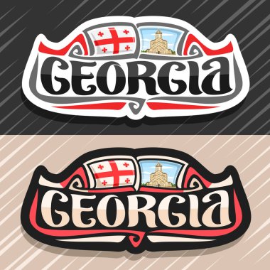 Georgia ülke için vektör logo, buzdolabı mıknatıs ile Gürcü bayrağı, orijinal fırça yazı için word georgia ve ulusal Gürcü sembol - kutsal Trinity Katedrali, Tiflis bulutlu gökyüzü arka plan üzerinde.